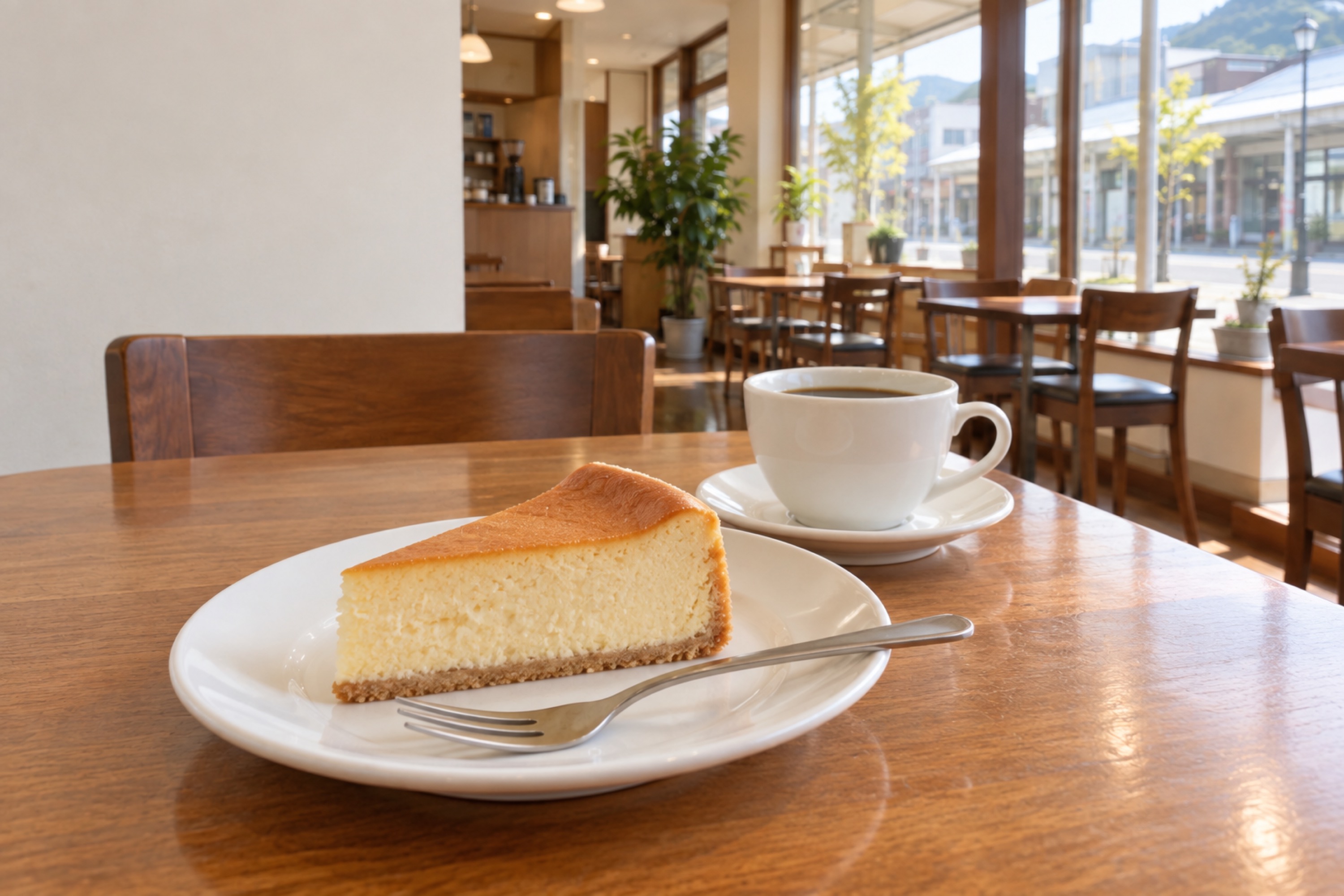 白い皿にのせたチーズケーキと珈琲