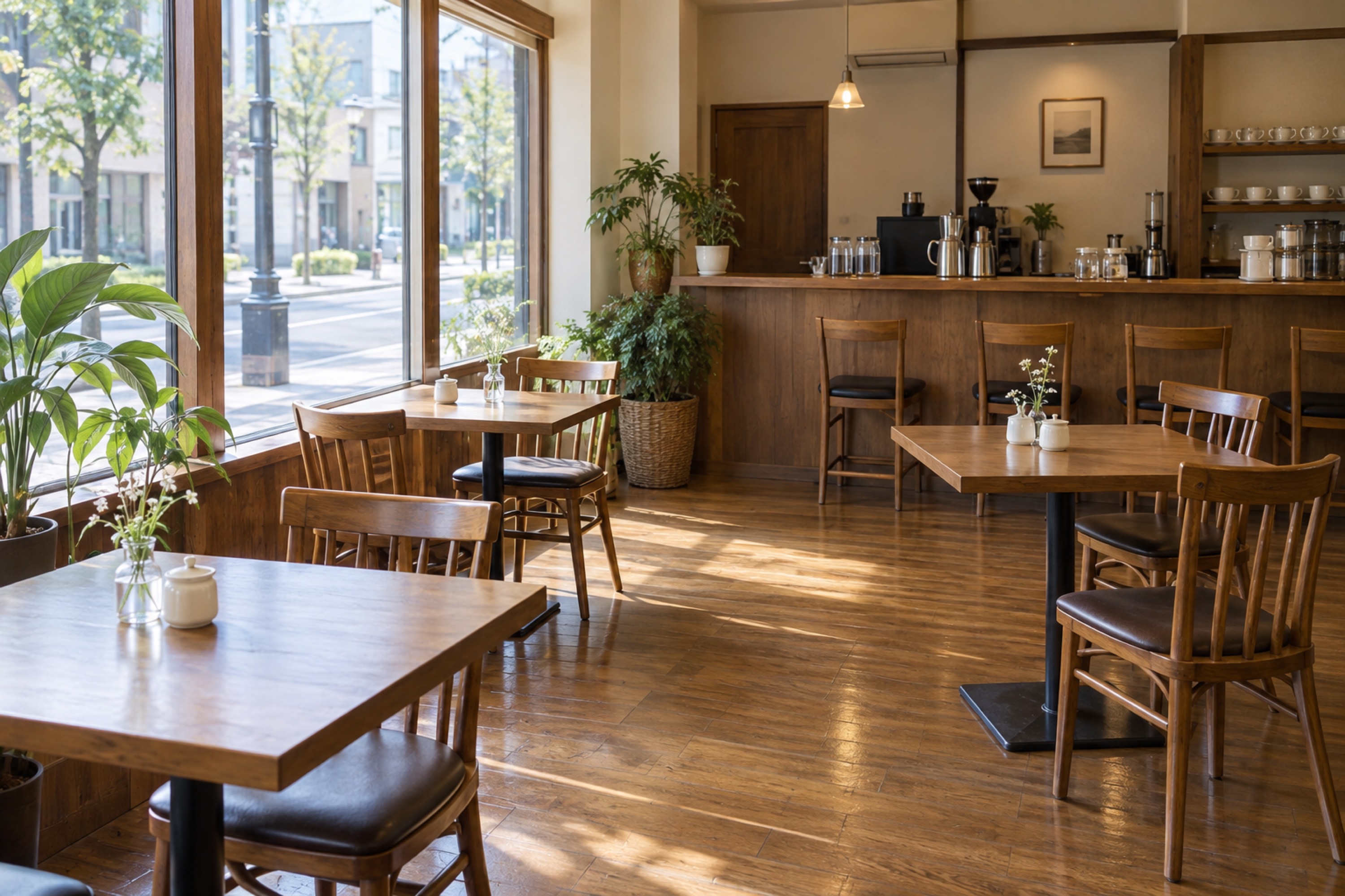 明るい木のテーブルが並ぶ店内