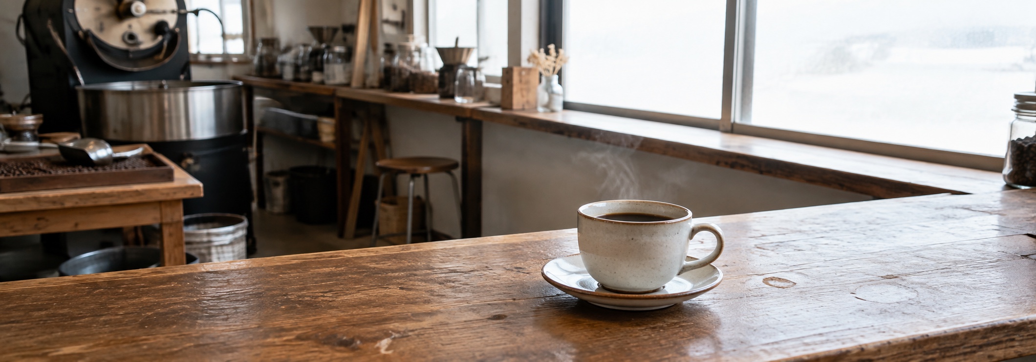 木のカウンターに置かれたコーヒー一杯と、窓からの自然光（掲載イメージ）