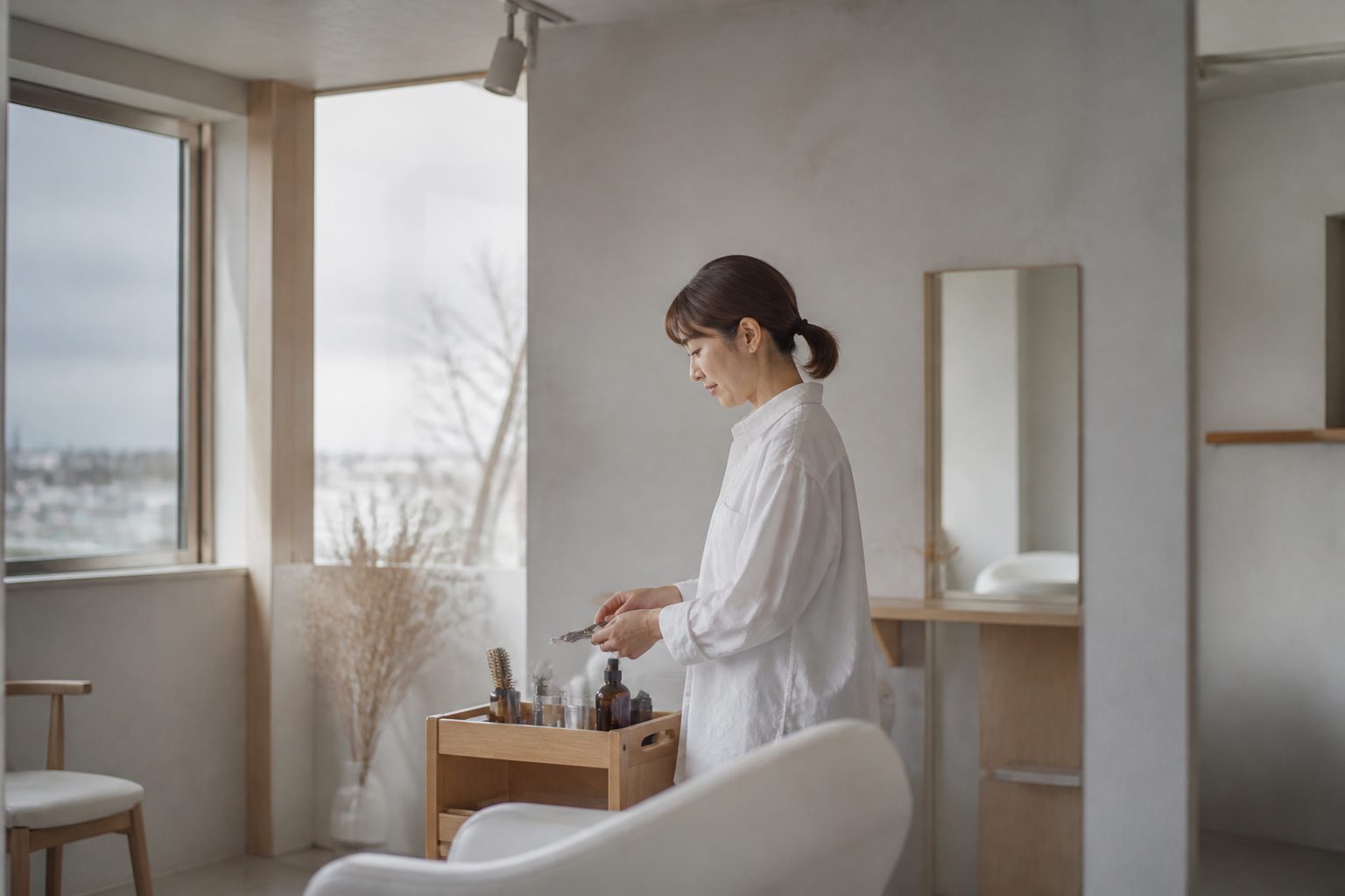 窓の光のなかで道具を整える店主の横向きの姿（掲載イメージ）