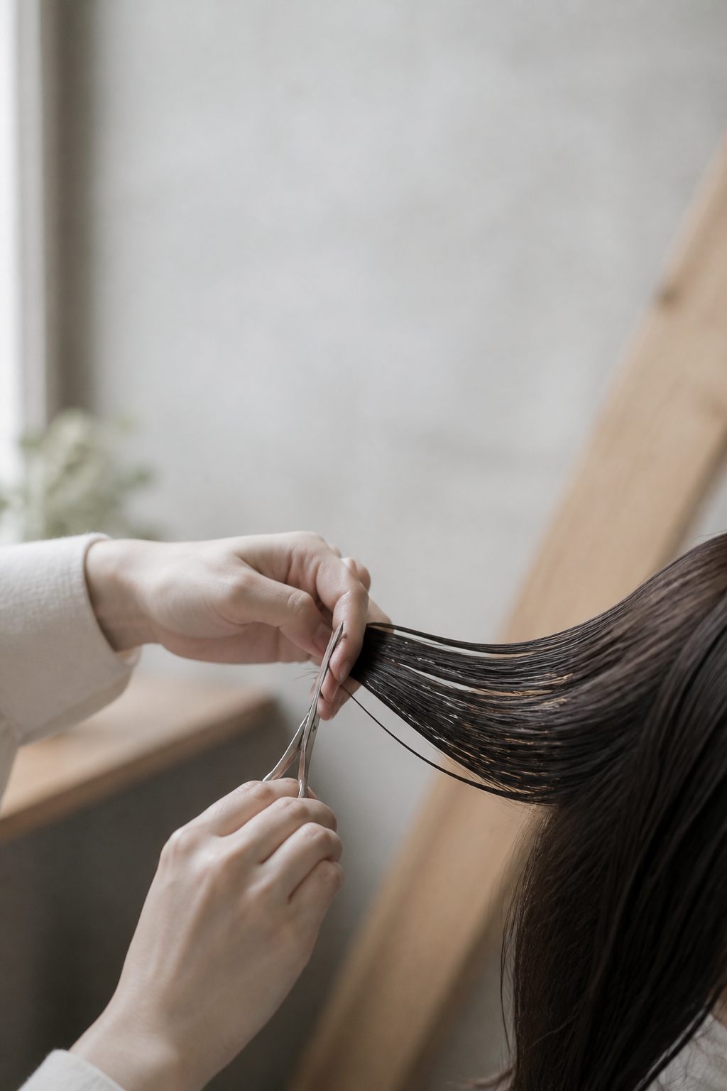 美容師が指で髪をすくい、シザーを添えている手元（掲載イメージ）