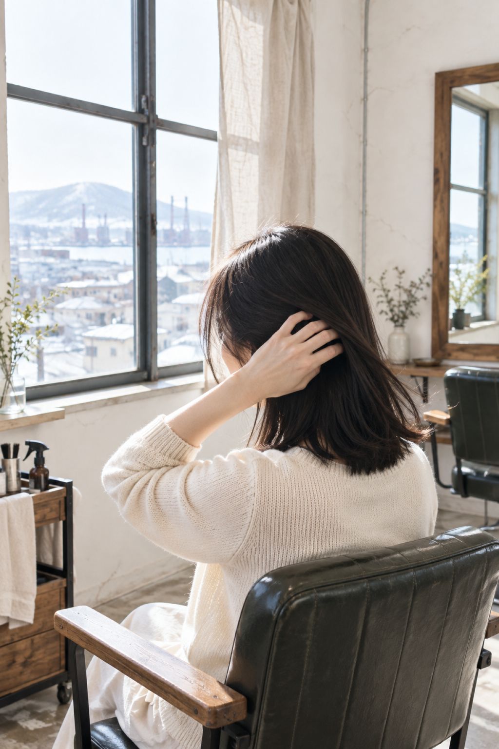 窓辺の逆光の中で、髪を手ぐしで整える後ろ姿