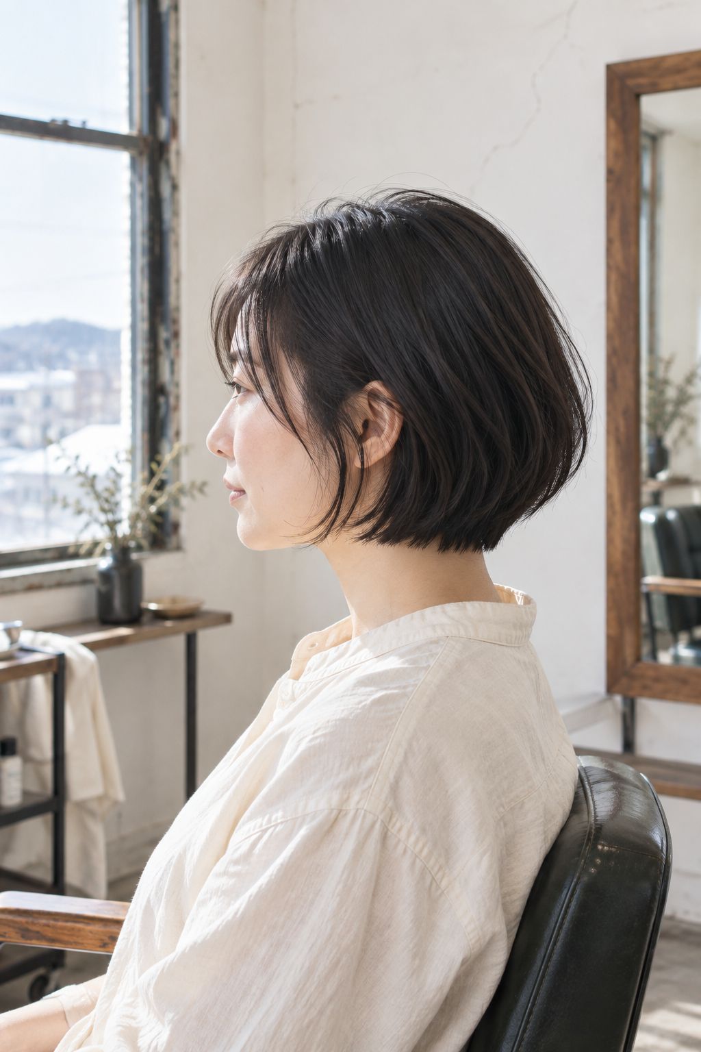 黒髪のショートボブの横顔