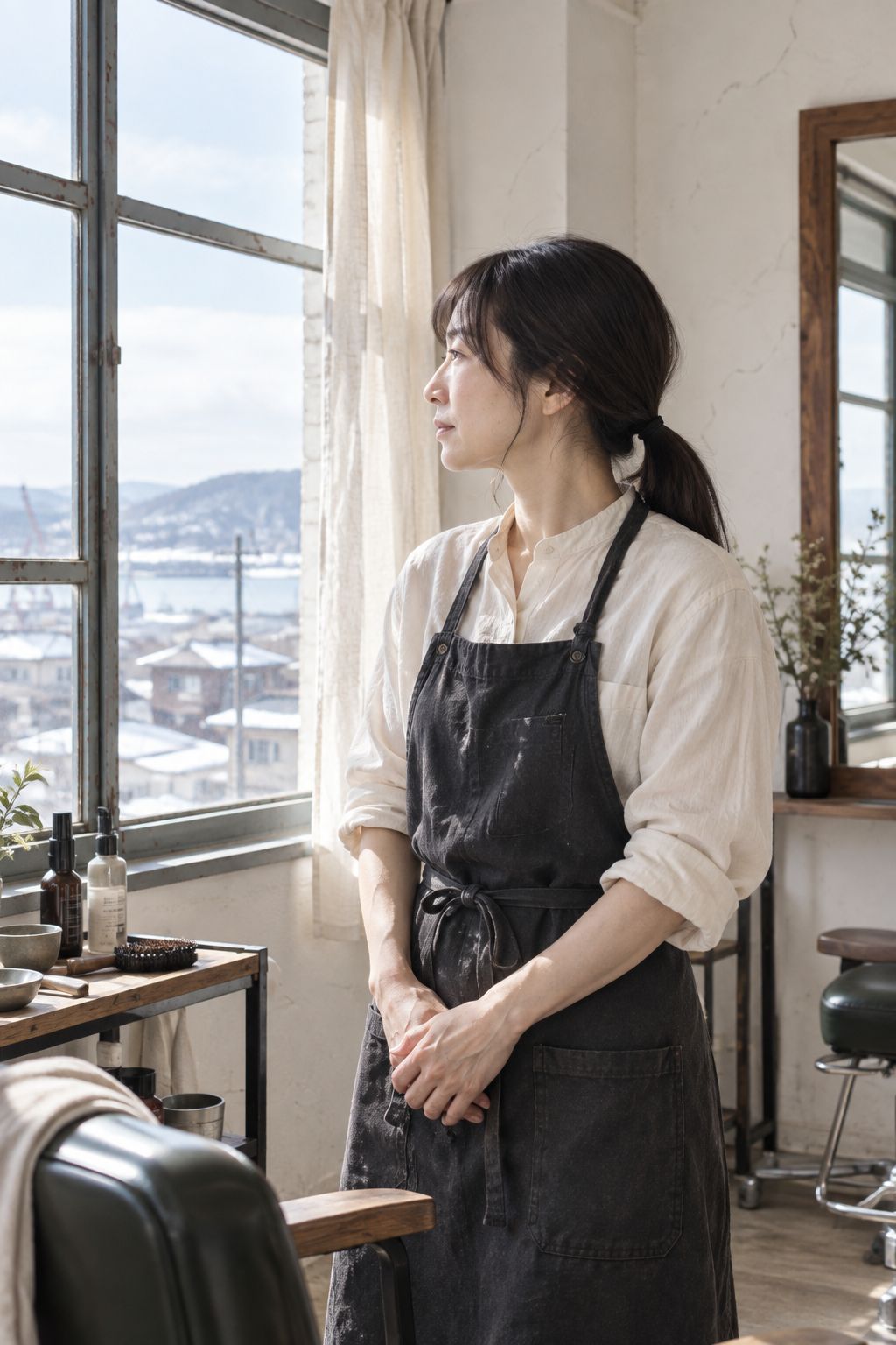 窓辺に立つスタイリストの上半身。生成りのシャツに墨色のエプロン