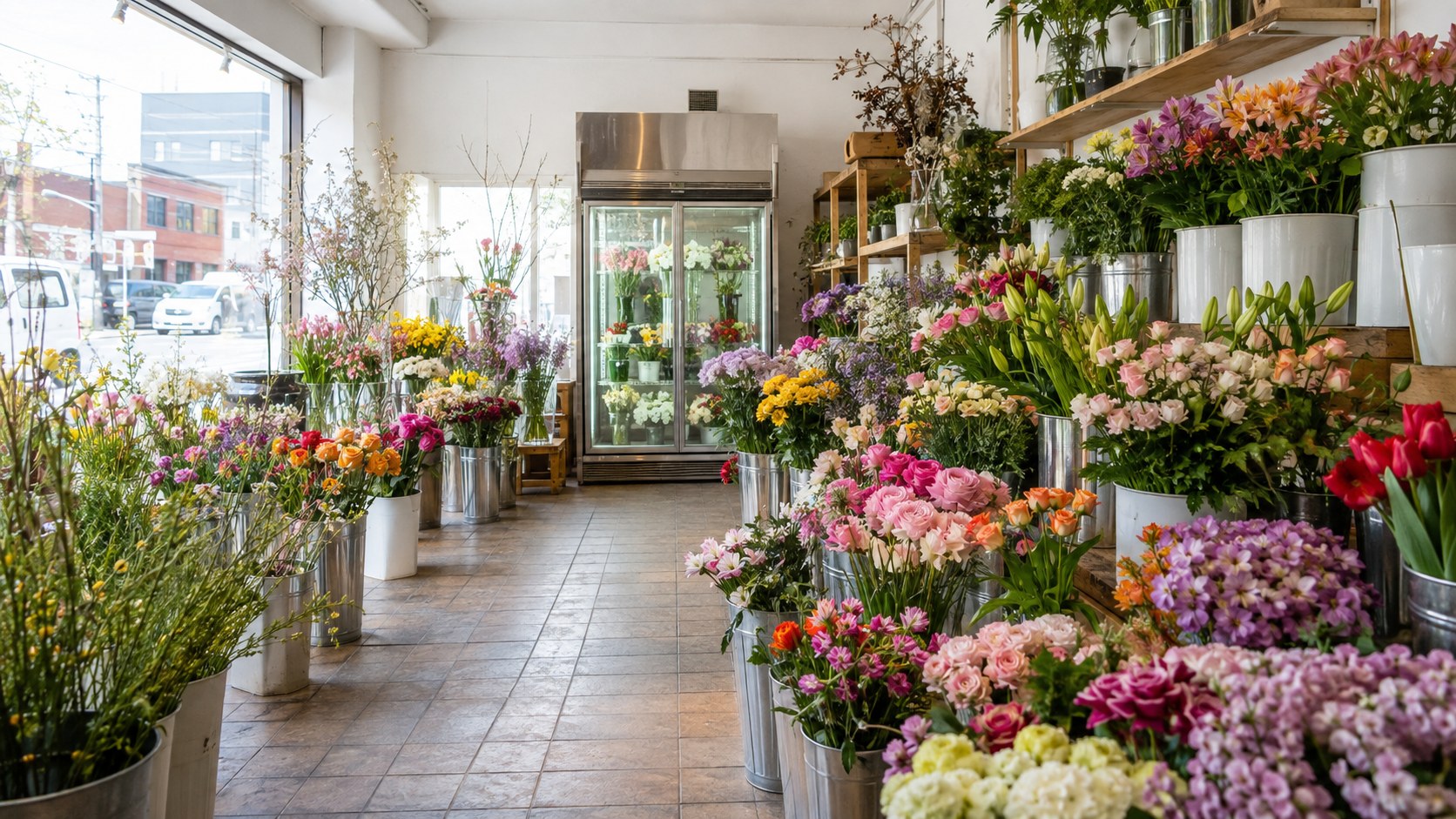 店内に並ぶ色とりどりの季節の花