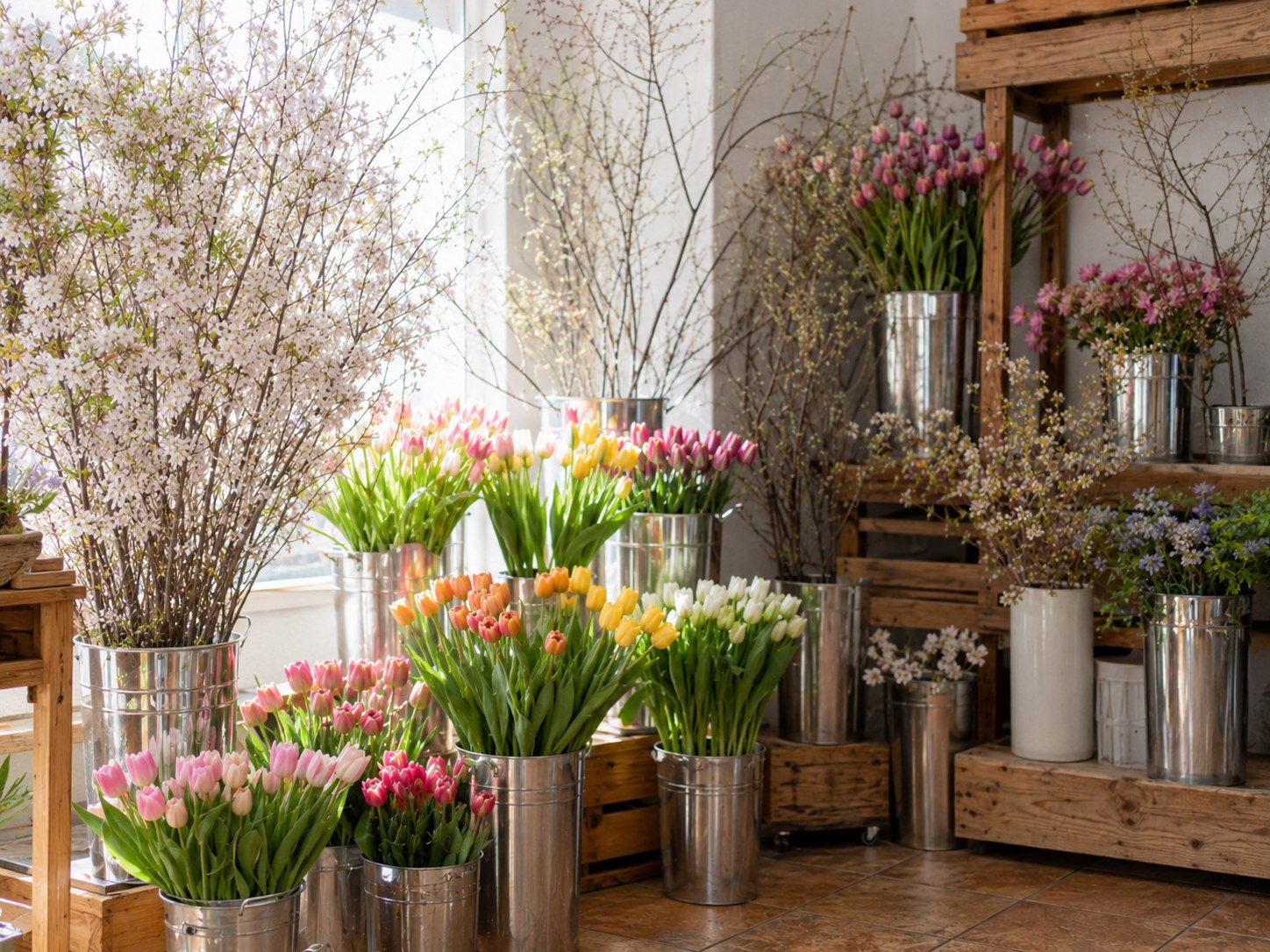 春のチューリップと桜の枝