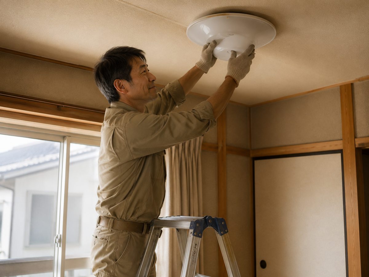 脚立に乗って天井の電球を交換している様子（イメージ）