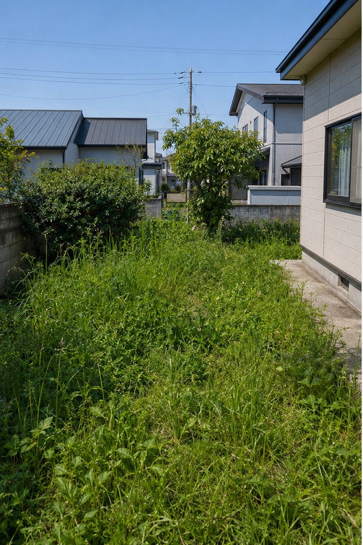 草が腰の高さまで伸びた作業前の庭（イメージ）