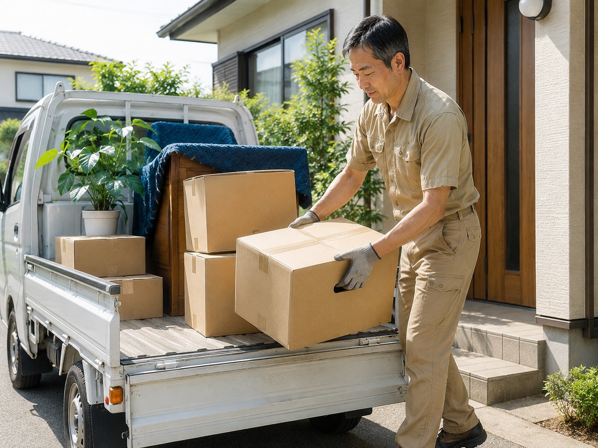 軽トラックに段ボールや家具を積み込んでいる様子（イメージ）