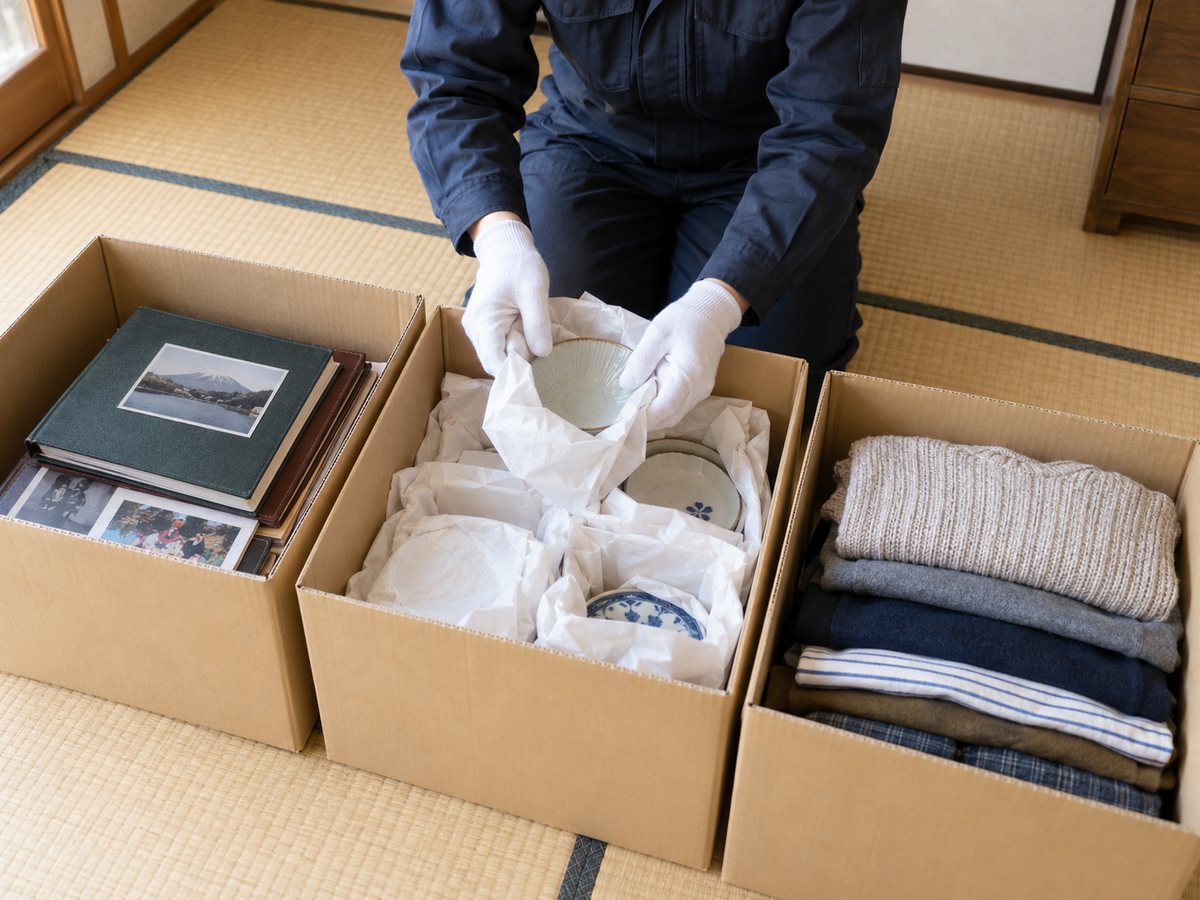 品物を3つの箱に分けて入れる手元（掲載イメージ）
