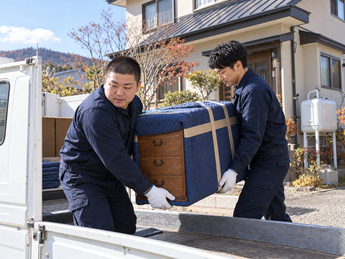 毛布で包んだたんすをトラックへ積み込むスタッフと代表の中村（掲載イメージ）
