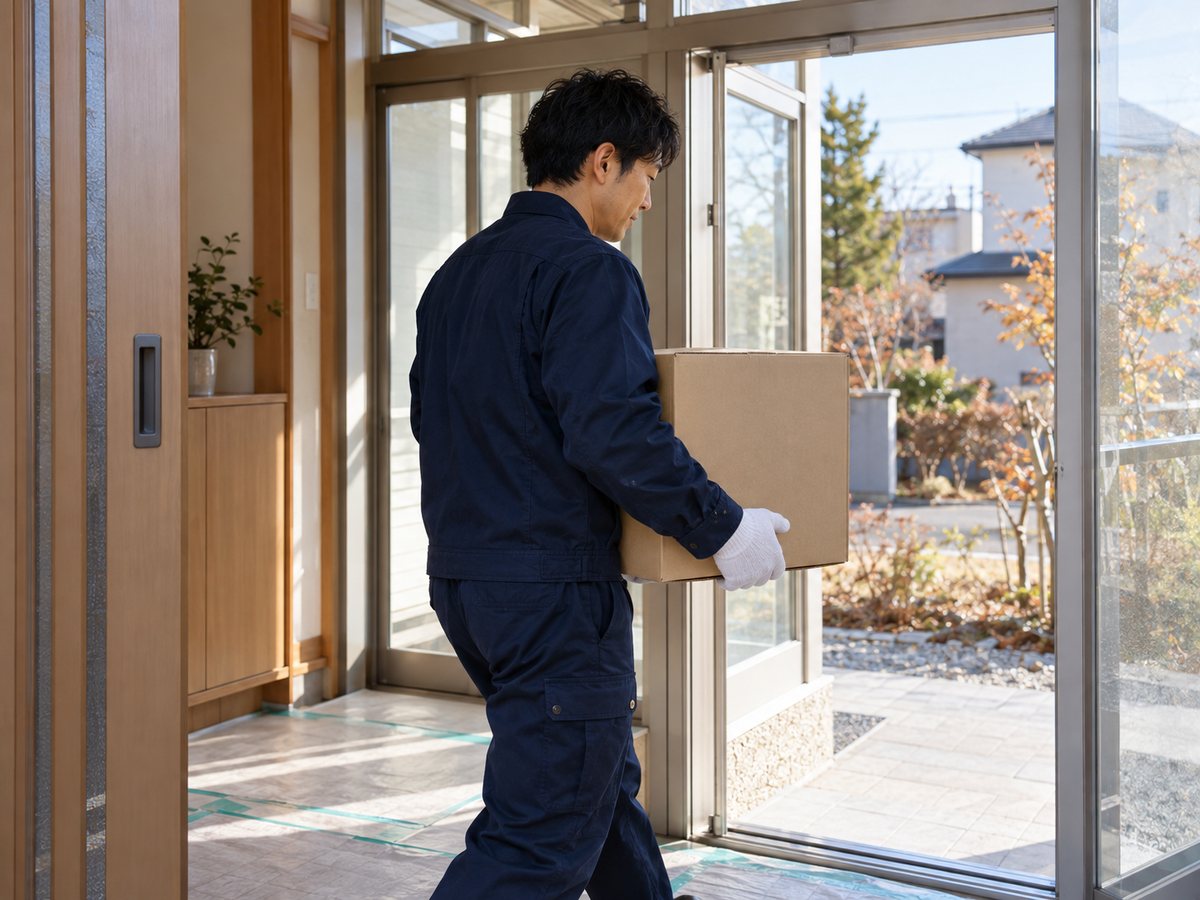 養生シートを敷いた玄関から、箱を運び出す代表の中村
