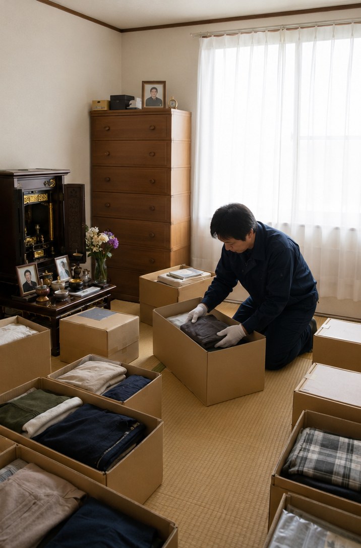 白手袋で衣類や仏具をていねいに仕分けした後の寝室（掲載イメージ）