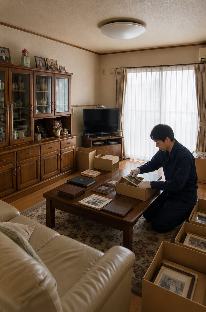 白手袋で写真やアルバムをていねいに仕分けした後の居間（掲載イメージ）