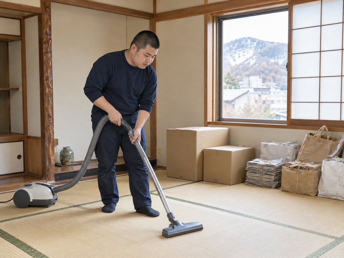 片付けの途中の和室で、空いた畳に掃除機をかけるスタッフ
