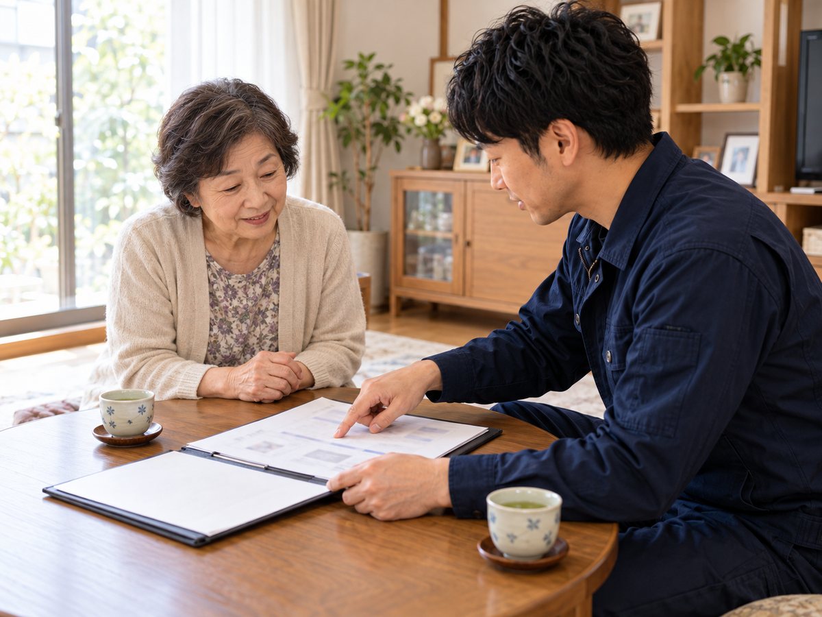 居間の座卓で、ご依頼者に見積書を見せながら説明する代表の中村