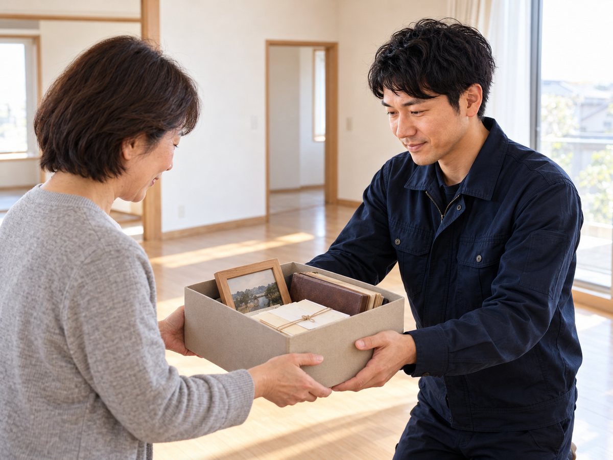片付いた居間で、残しておいた品の箱をご家族に手渡す代表