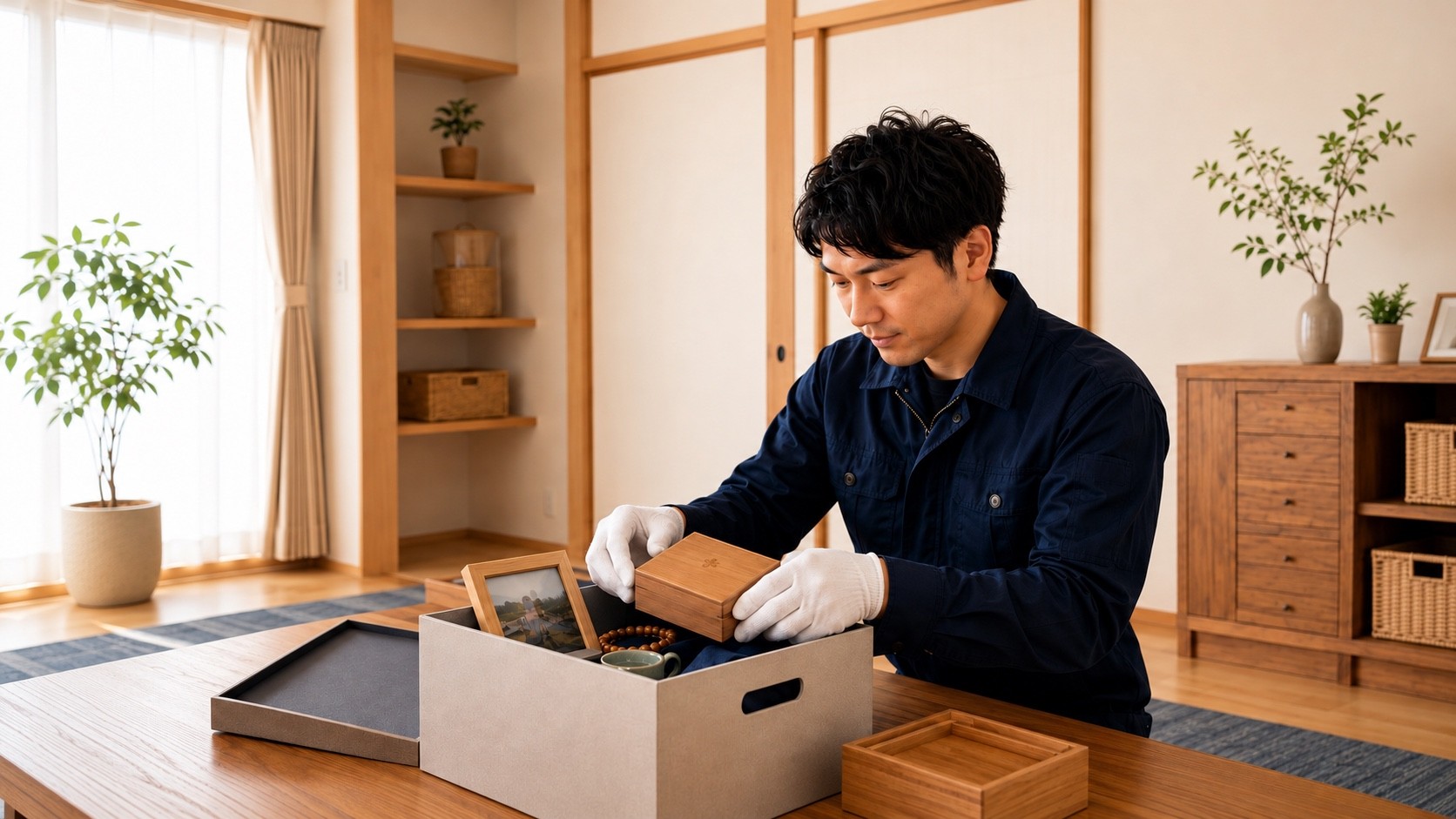 白い手袋をはめて、木箱に入った品物をていねいに確かめる代表