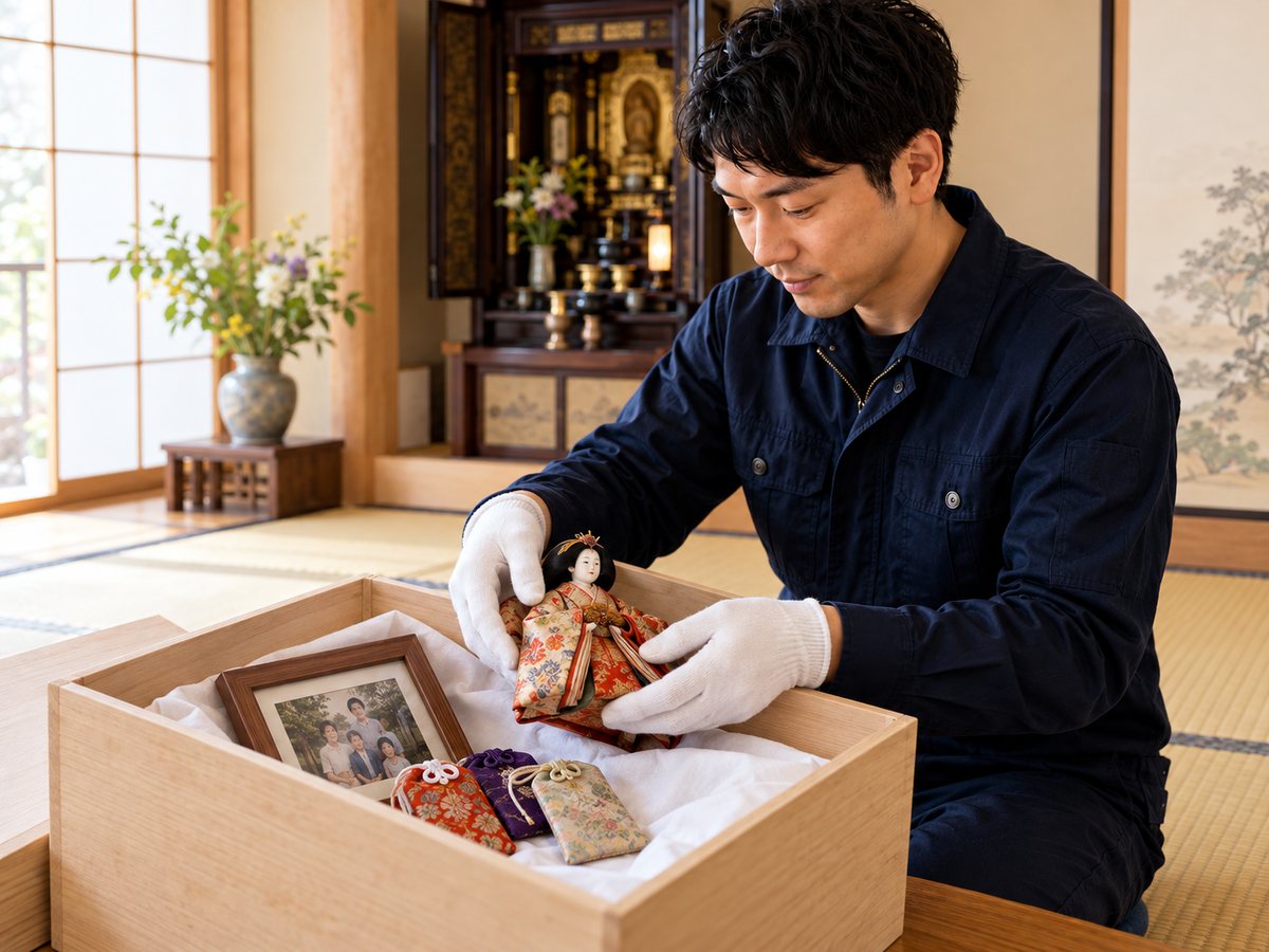 人形やお守りを白い布を敷いた箱へ並べる代表
