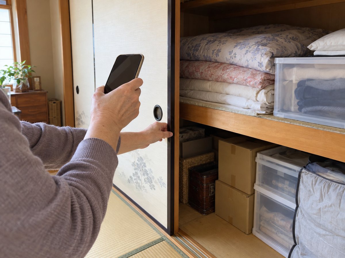 押し入れの中をスマートフォンで撮影するご家族の手元