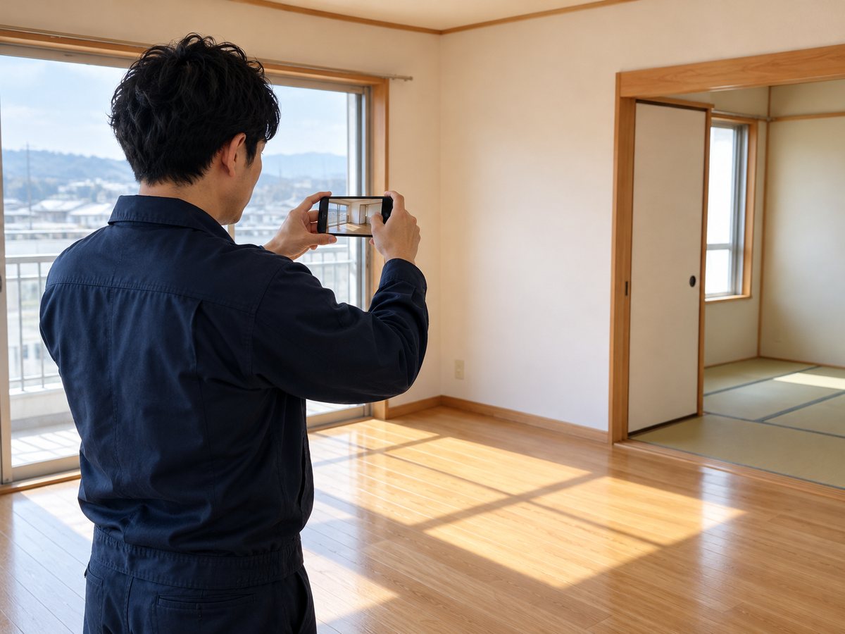 片付けを終えた部屋を、ご家族への報告用にスマートフォンで撮影する代表