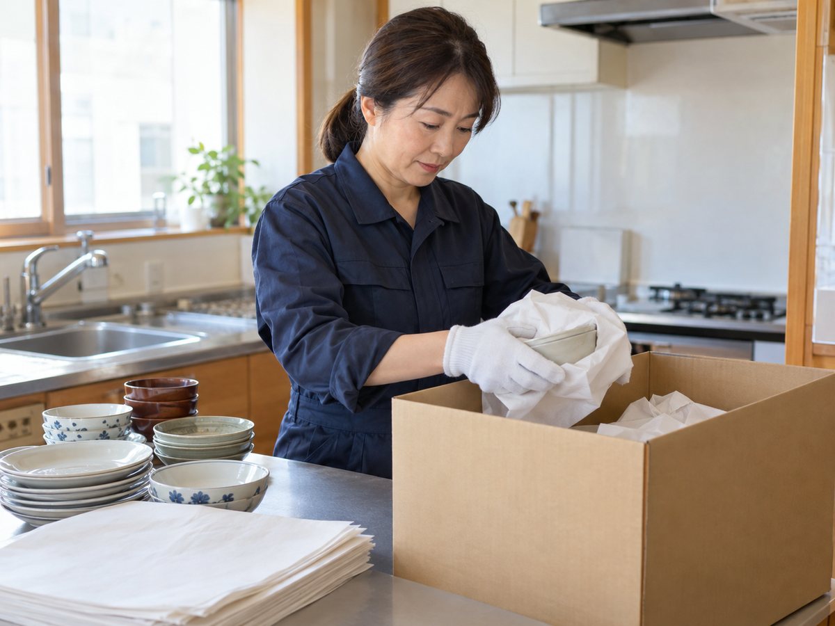 食器を紙で包んで箱に詰める女性スタッフ