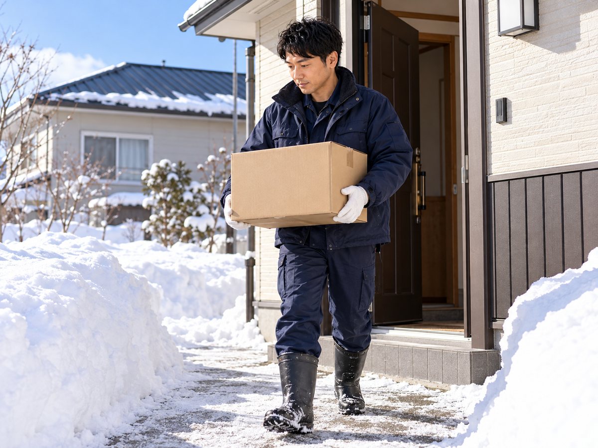 除雪した玄関前の通路を、箱を抱えて歩く代表