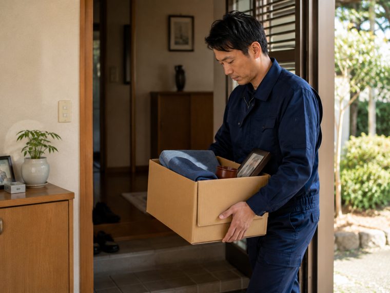 玄関先で家財を運び出す様子