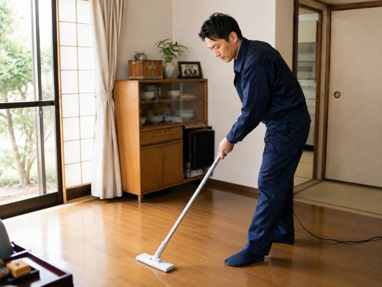 作業後の床を清掃している様子