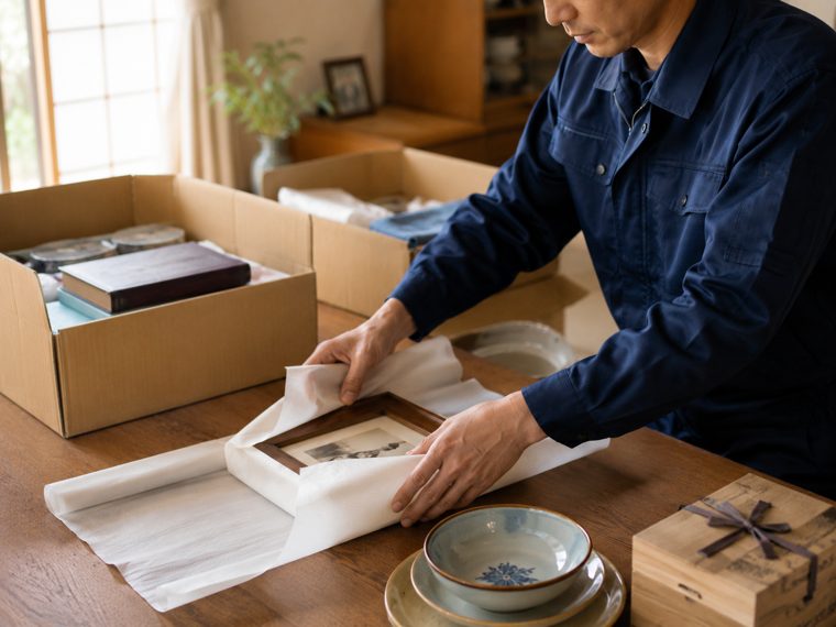 思い出の品をていねいに梱包する手元