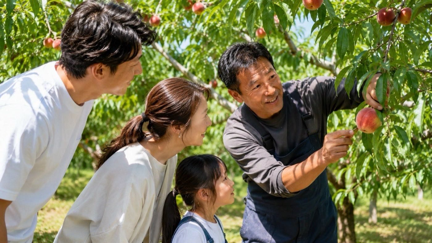 園主がくだものの採り方を教える様子(イメージ)