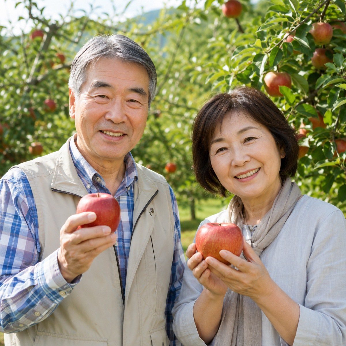 りんごを手にしたシニアのご夫婦(イメージ)