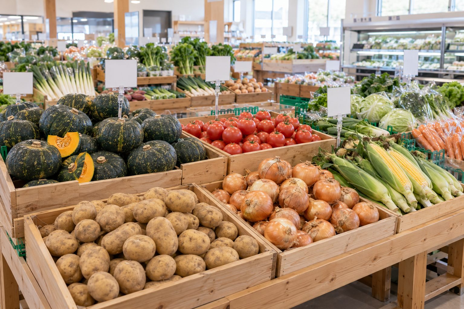 じゃがいもやとうもろこしが並ぶスーパーの野菜売り場
