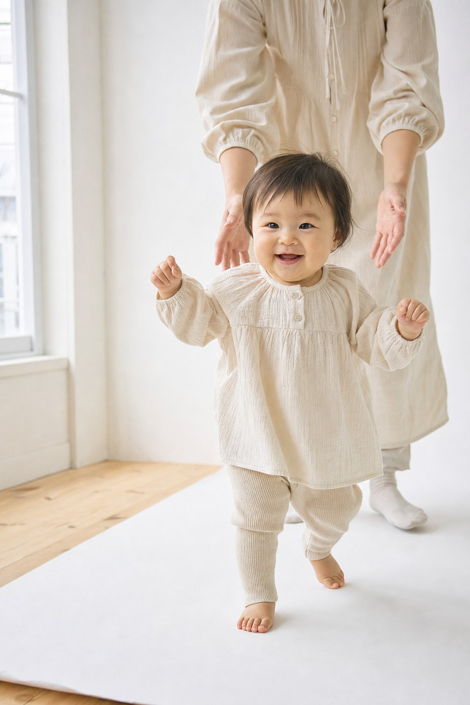 背景紙の上をよちよち歩く一歳ごろの子ども（掲載イメージ）