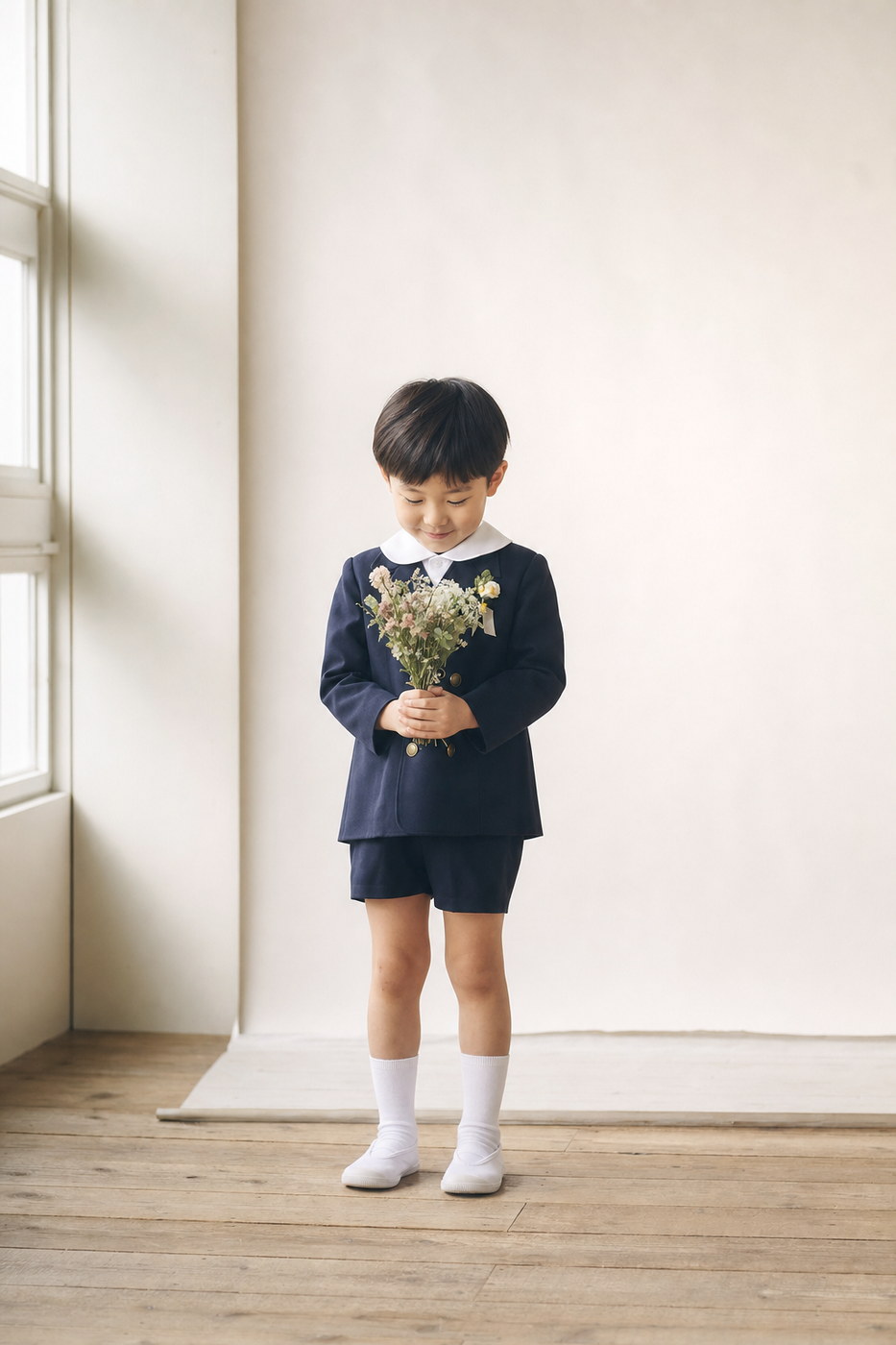 小さな花束を両手で持つ園児（掲載イメージ）