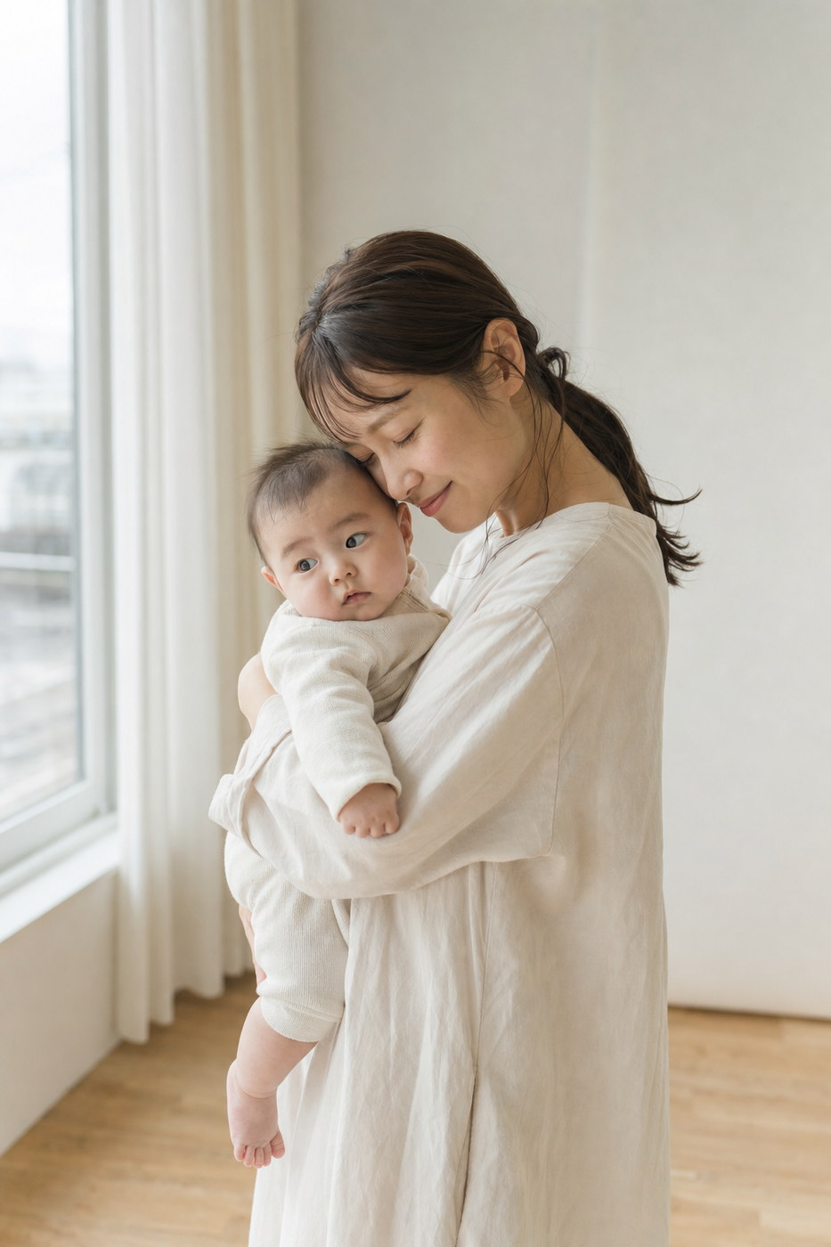 赤ちゃんに頬を寄せる母親（掲載イメージ）