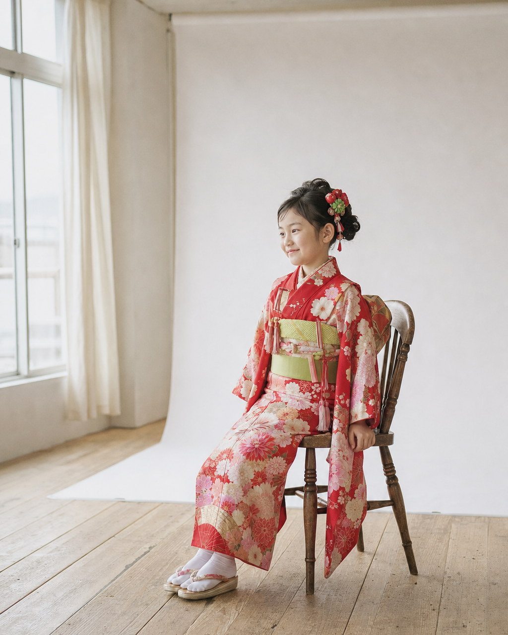 着物姿で木の椅子に腰かける女の子(掲載イメージ)