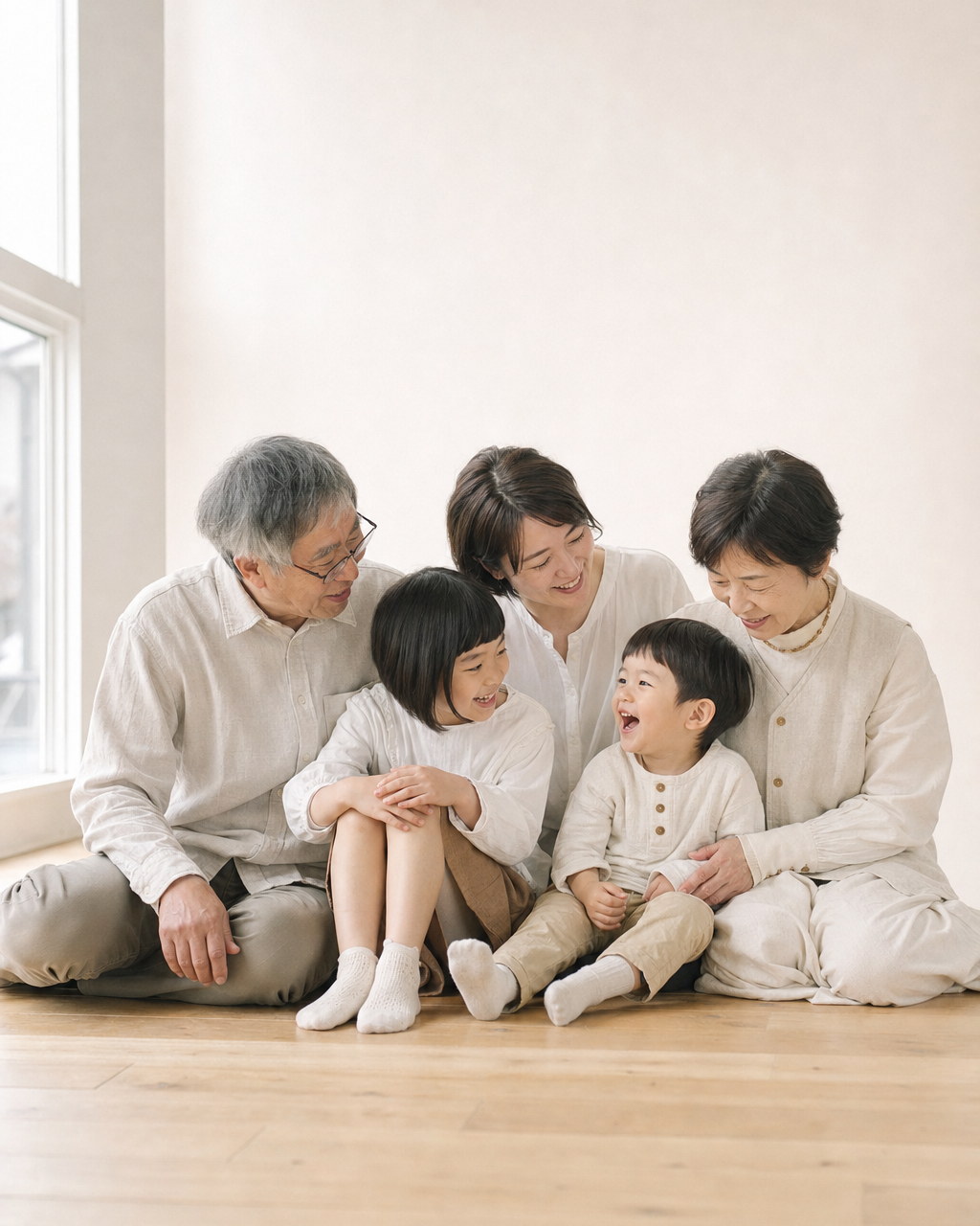 祖父母と両親と子どもたちが寄り集まって座る家族写真(掲載イメージ)