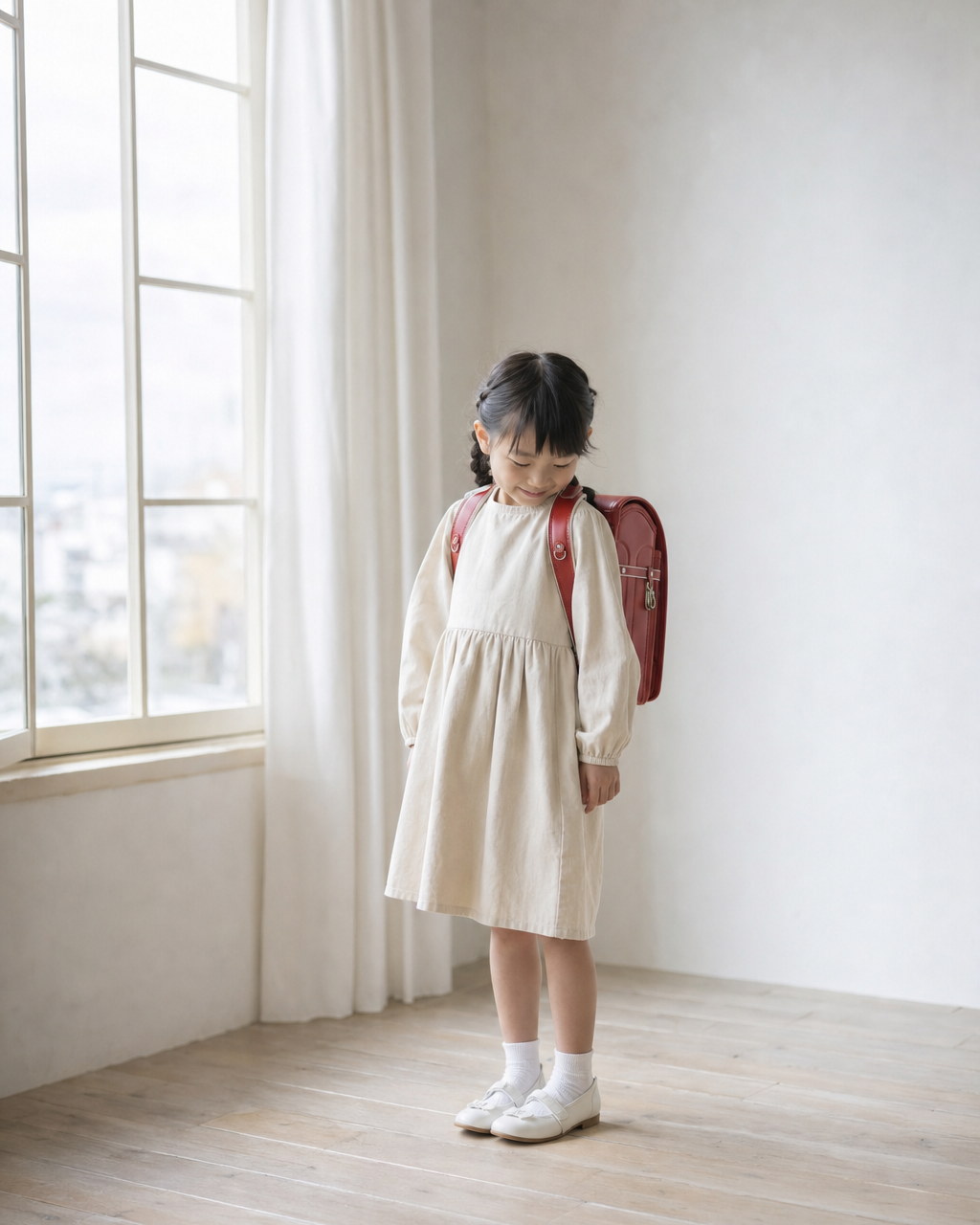 ランドセルを背負って窓辺に立つ女の子(掲載イメージ)
