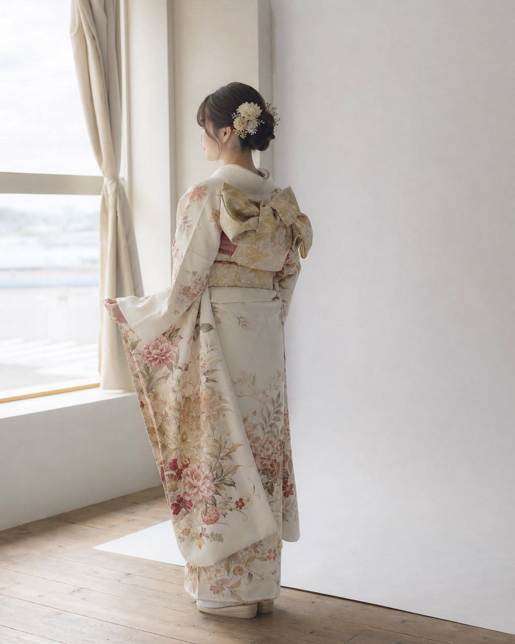 振袖姿で窓のほうを向いて立つ女性の後ろ姿(掲載イメージ)