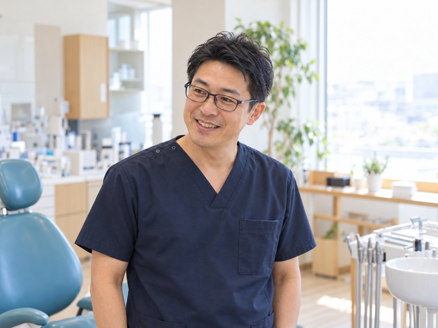 紺色のスクラブを着た、メガネの男性院長が診療室で笑顔を見せている様子