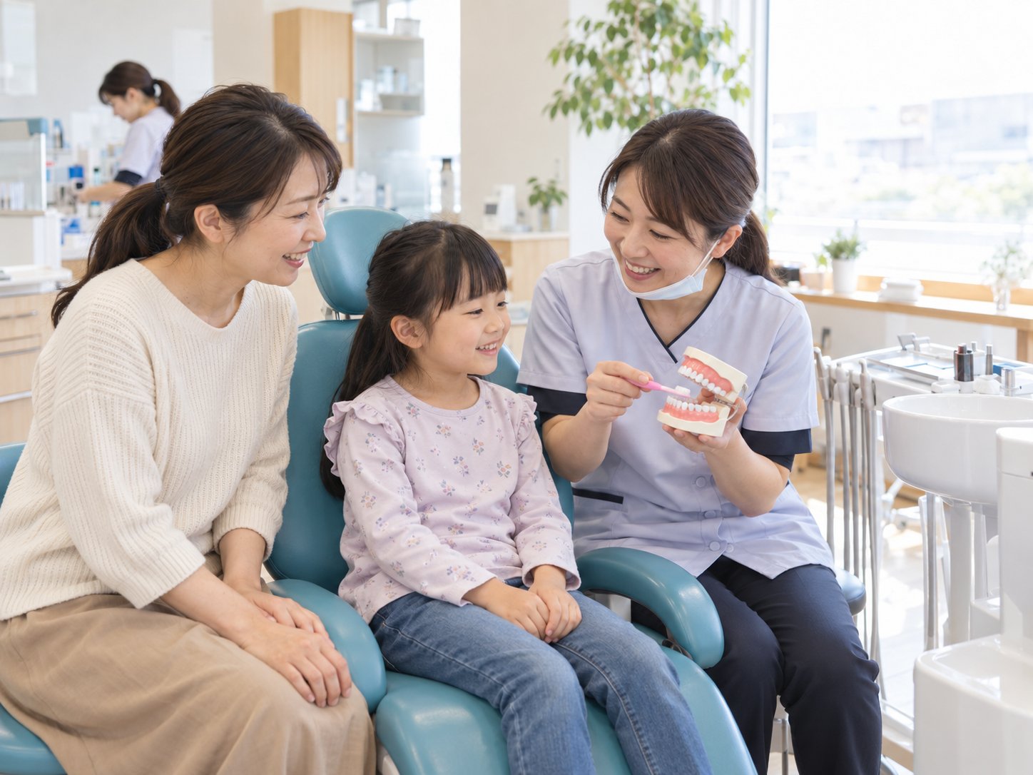 診療台に座った女の子とお母さんに、歯科衛生士が歯の模型と歯ブラシでみがき方を見せている様子