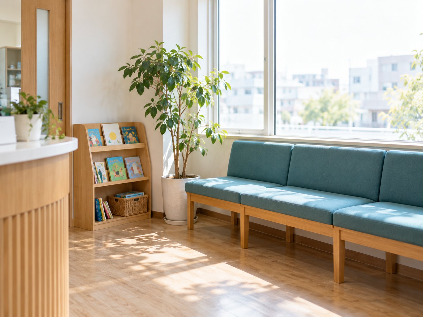 青緑色の長いすが並び、絵本の棚と観葉植物がある明るい待合室