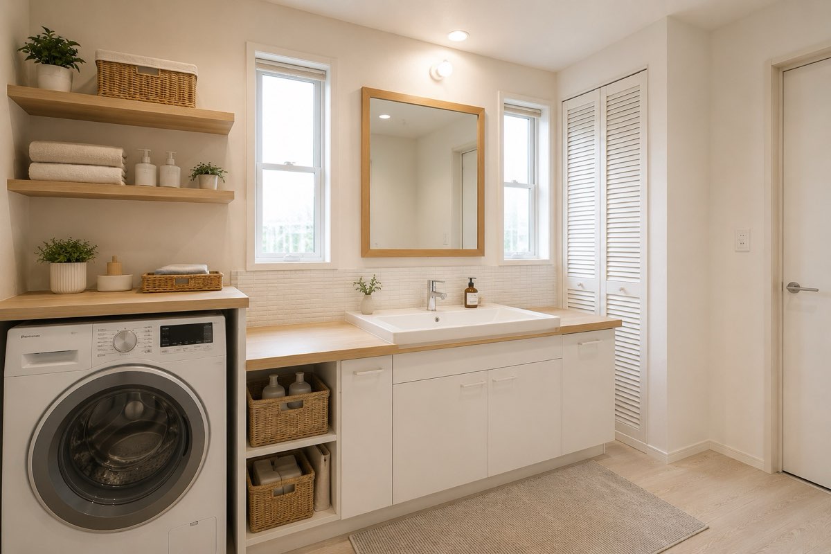 洗面台と棚を整えた脱衣所