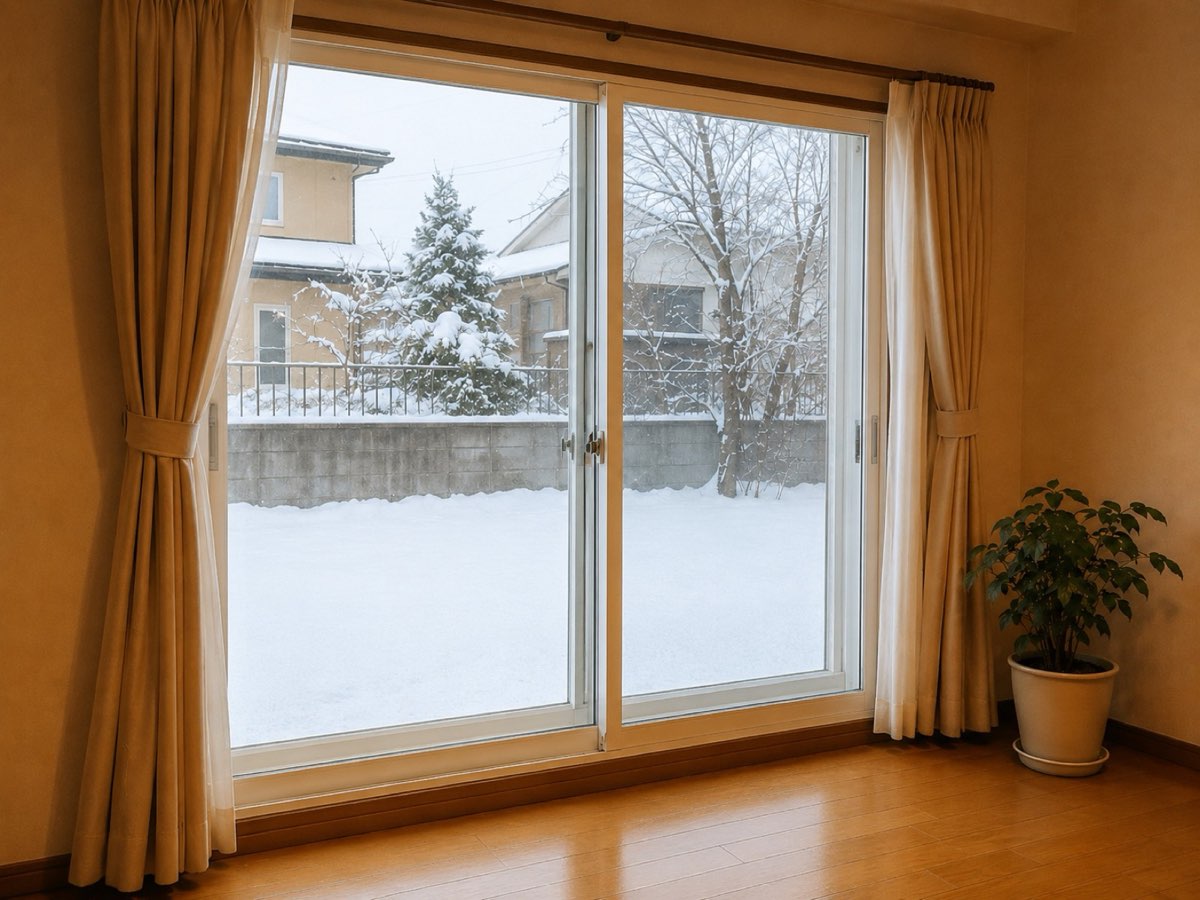 雪の庭に面した居間の掃き出し窓