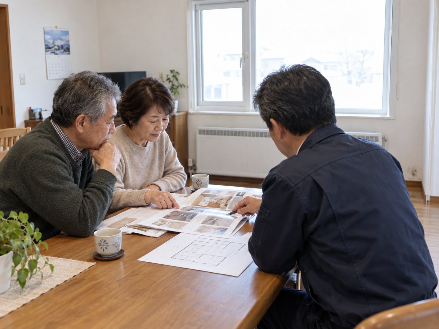 ご夫婦の家のダイニングで、キッチンのカタログと図面を見せて説明する担当者