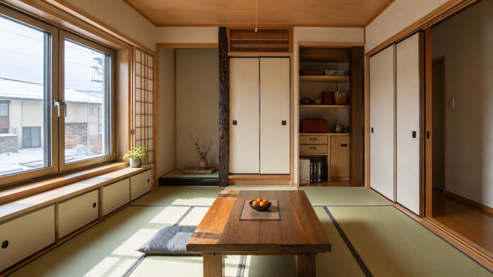 畳の和室と窓辺の明るい板の間がつながる部屋