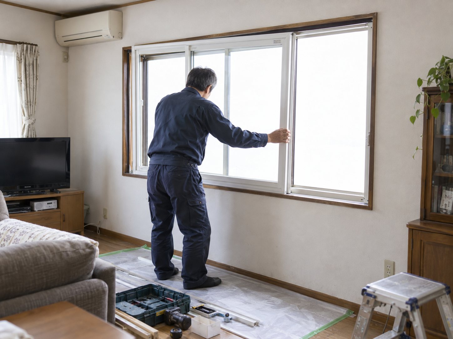 居間の窓の内側に、もう一枚の窓を取り付ける職人
