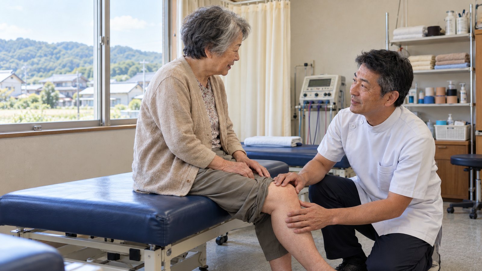 院長が患者さんの膝の状態を確かめている様子