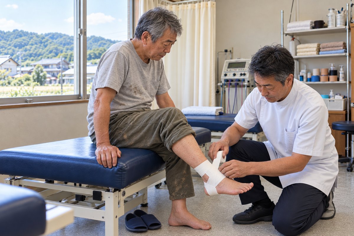 院長が足首にテーピングを巻いている様子